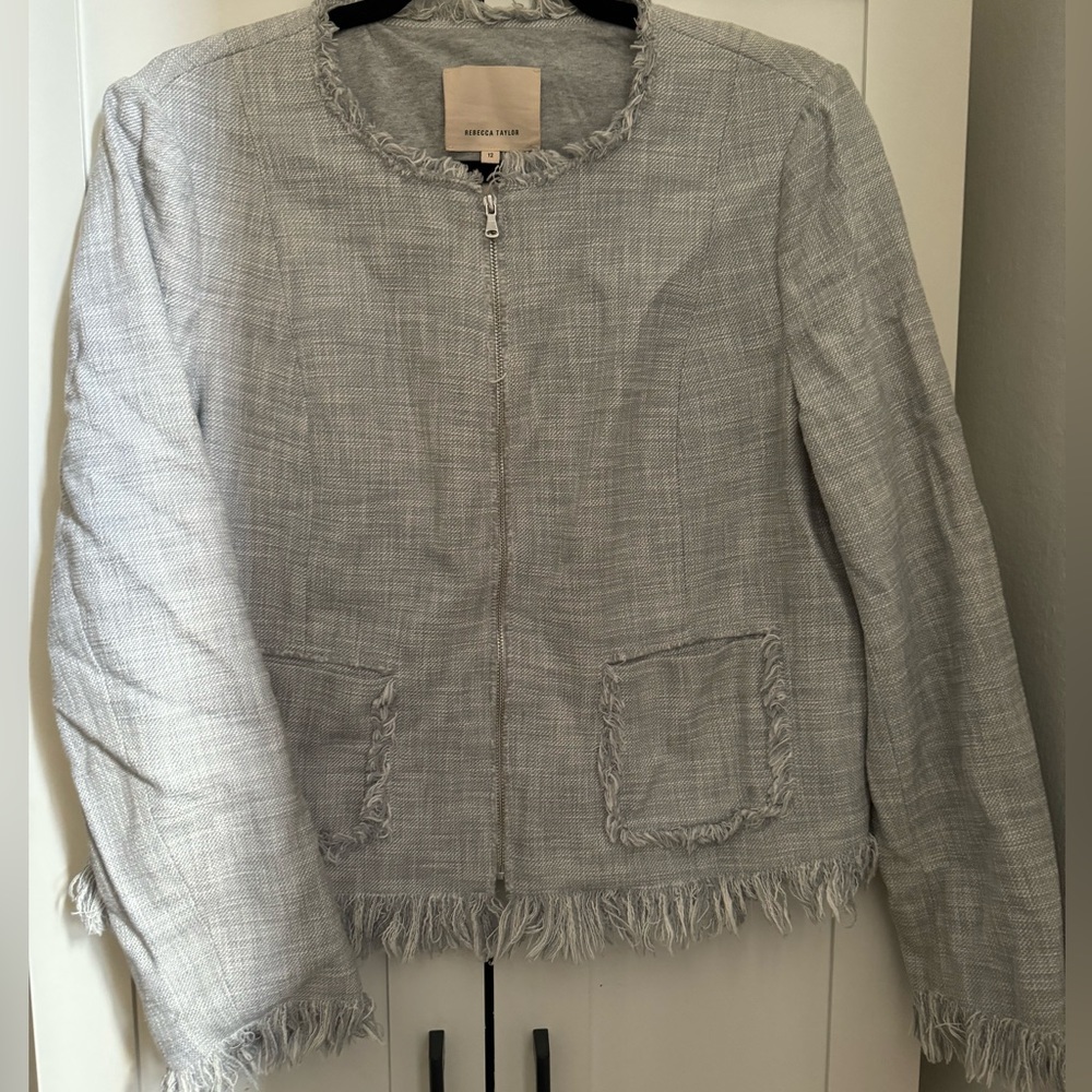 REBECCA TAYLOR fringe tweed jacket gray lined zipper front pockets fitted Sz 12